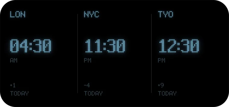 The World Clock widget in a blue glow: London 04:30 AM, New York 11:30 PM, Tokyo 12:30 PM.